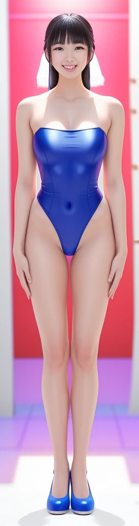 On a white background,A tall and beautiful Chinese girl,with fair skin,Toothy smile,A big smile,When you laugh, Your eyes are crescent-shaped,blunt bangs, long straight hair,Wear a one-piece swimsuit and pumps,Swimsuits are decorated with joyful patterns, Stand up straight,Stand upright,hands on sides,Symmetrical distribution,Ray tracing,All shaded areas,No windows, Soft lighting, Warm light, flood light, n, Studio light, 1.4x Realistic Ultra HD