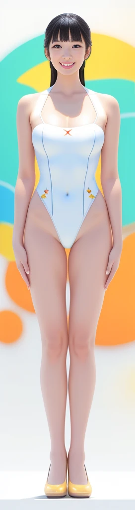On a white background,A tall and beautiful Chinese girl,with fair skin,Toothy smile,A big smile,When you laugh, Your eyes are crescent-shaped,blunt bangs, long straight hair,Wear a one-piece swimsuit and pumps,Swimsuits are decorated with joyful patterns, Stand up straight,Stand upright,hands on sides,Symmetrical distribution,Ray tracing,All shaded areas,No windows, Soft lighting, Warm light, flood light, n, Studio light, 1.4x Realistic Ultra HD
