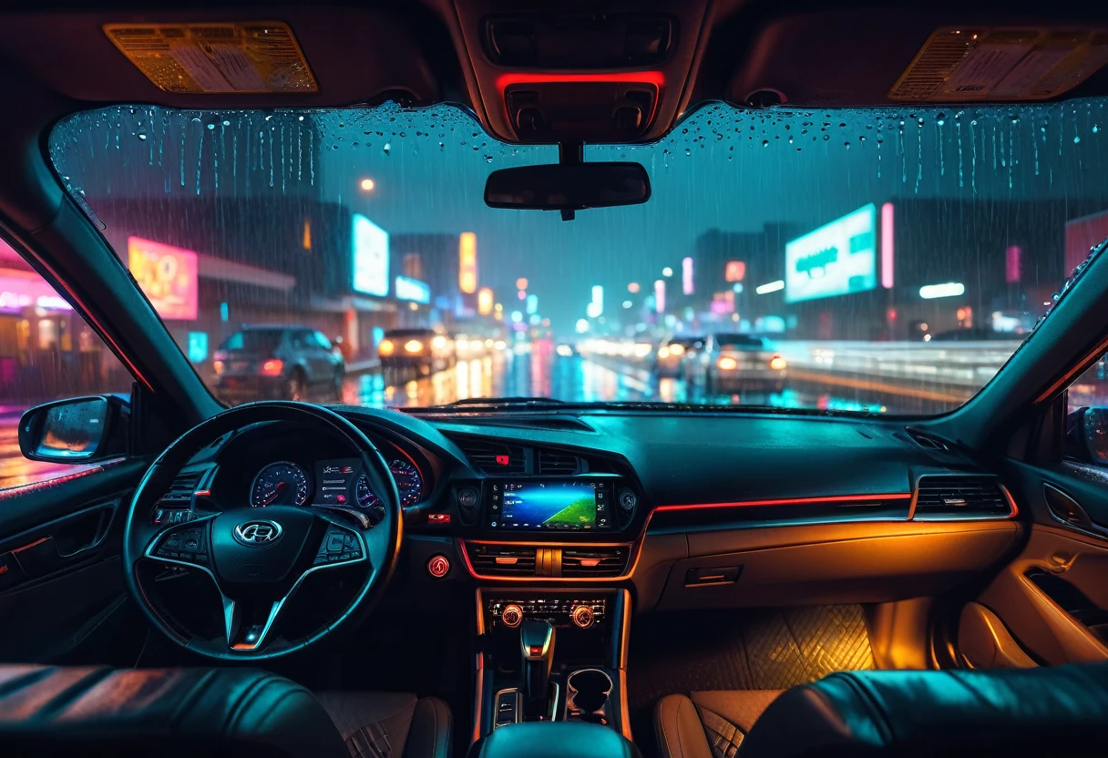 a night in the rain on busy highway, (view from the driver's seat:2.0), car taillights, car back view, cinematic, moody lighting, dramatic atmosphere, neon lights, dystopian, neon city, cyberpunk, realistic, photorealistic, 8k, hyper detailed, masterpiece, studio lighting, cinematic composition, dramatic color palette, cinematic depth of field, volumetric fog, rainy windshield, glowing headlights, long exposure, beautiful detailed eyes, beautiful detailed lips, extremely detailed eyes and face, long eyelashes system cancel