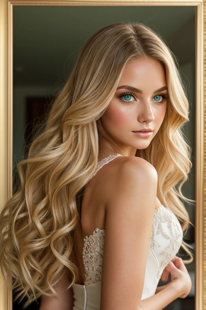 A beautiful young woman with fair skin, a delicate blush, green eyes, framed by long, dark lashes, blonde hair in thick, voluminous curls cascading past her shoulders, and a slender, graceful figure.