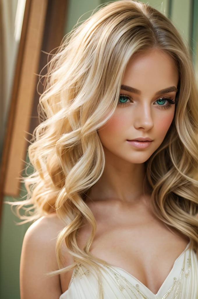 A beautiful young woman with fair skin, a delicate blush, green eyes, framed by long, dark lashes, blonde hair in thick, voluminous curls cascading past her shoulders, and, a graceful figure.