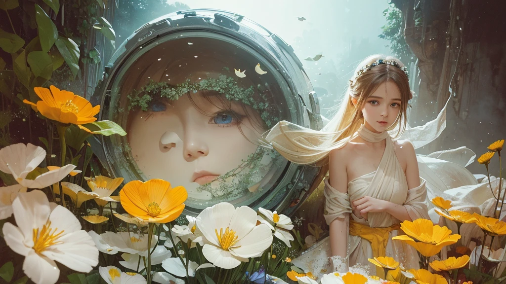 32k, Masterpiece, highest quality, One girl, Detailed eyes, flower,Sandersonia, Yellow and white style,A dreamy, romantic piece,Pale orange, Mysterious Leaves,A playful arrangement,Fantasy,High Contrast,Ink strokes,explosion,Exposure, Impression of yellow and white tones,Abstract,((Watercolours by John Berkey and Jeremy Mann )) Brush strokes,Negative Space, Tyndall effect,