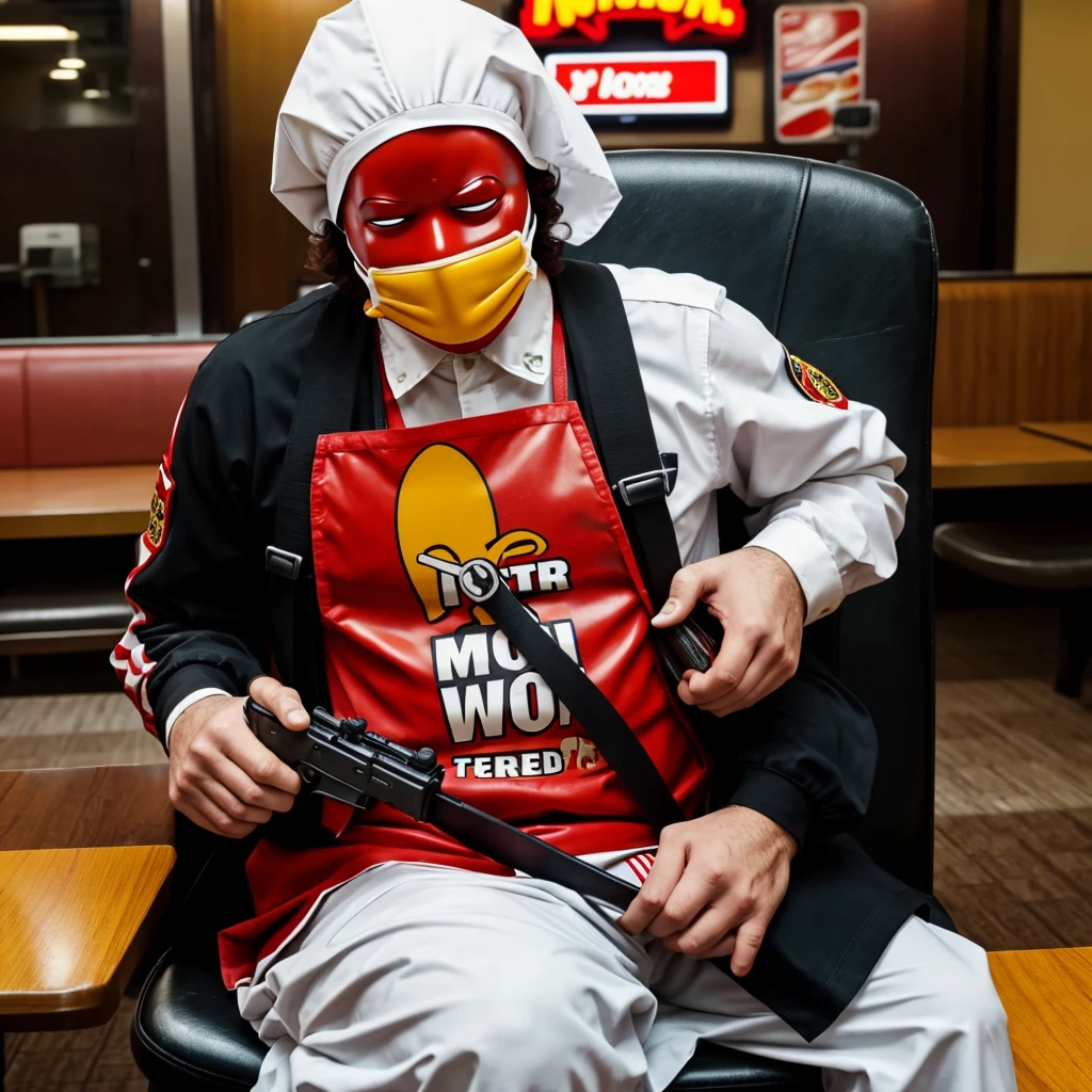 ronald mcdonald sitting hostage with a bag over his head in a costume sitting on a chair in a fast food restaurant, hamburglar, arrested, criminal appearance, clown world, forced witness, hostages, fast food review, serving happy meals, mc ride, payday 2, ((restrained)), image of ronald mcdonald, photo of scp-173, video game cutscene, burger king, restrained, held at gun point by a burger king in swat gear holding a rifle