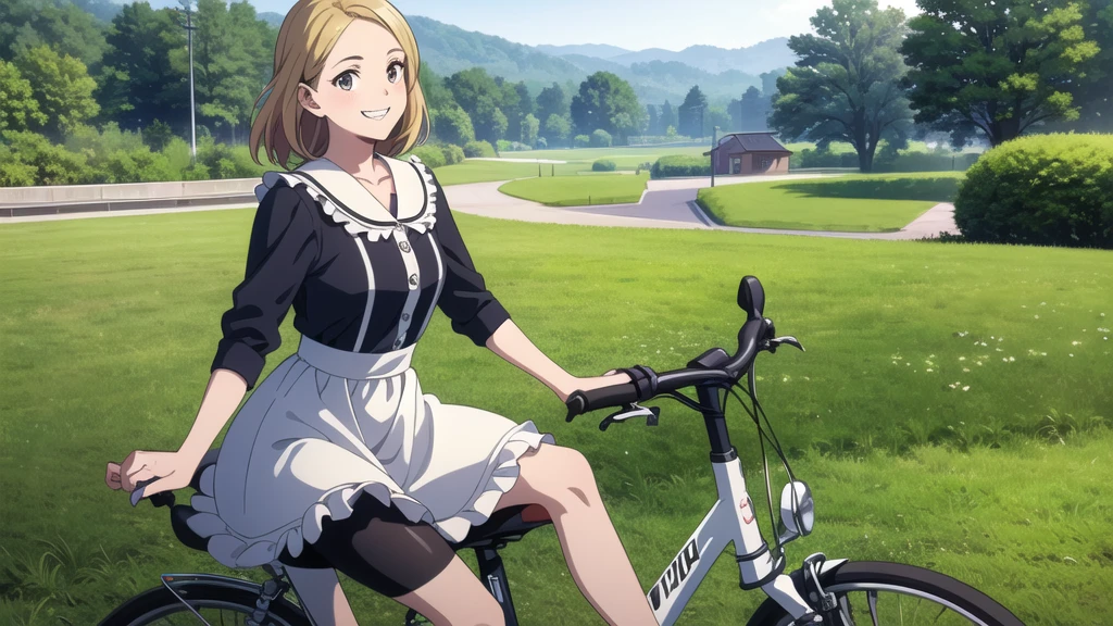 (In 8K, Ultra-high resolution, Best Quality, Masterpiece:1.2), (Realistic illustrations), (Highly Detailed CG Unity 8K Wallpaper), beautiful girl riding a bicycle, feminine dress with frills, smile, Detailed teeth, はにかんだsmile, Nostalgic vintage style animation, 80&#39;s, cassette tape