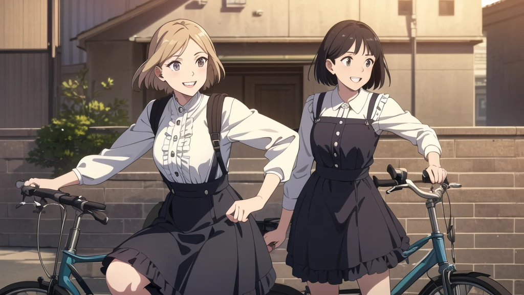 (In 8K, Ultra-high resolution, Best Quality, Masterpiece:1.2), (Realistic illustrations), (Highly Detailed CG Unity 8K Wallpaper), beautiful girl riding a bicycle, feminine dress with frills, smile, Detailed teeth, はにかんだsmile, Nostalgic vintage style animation, 80's, cassette tape