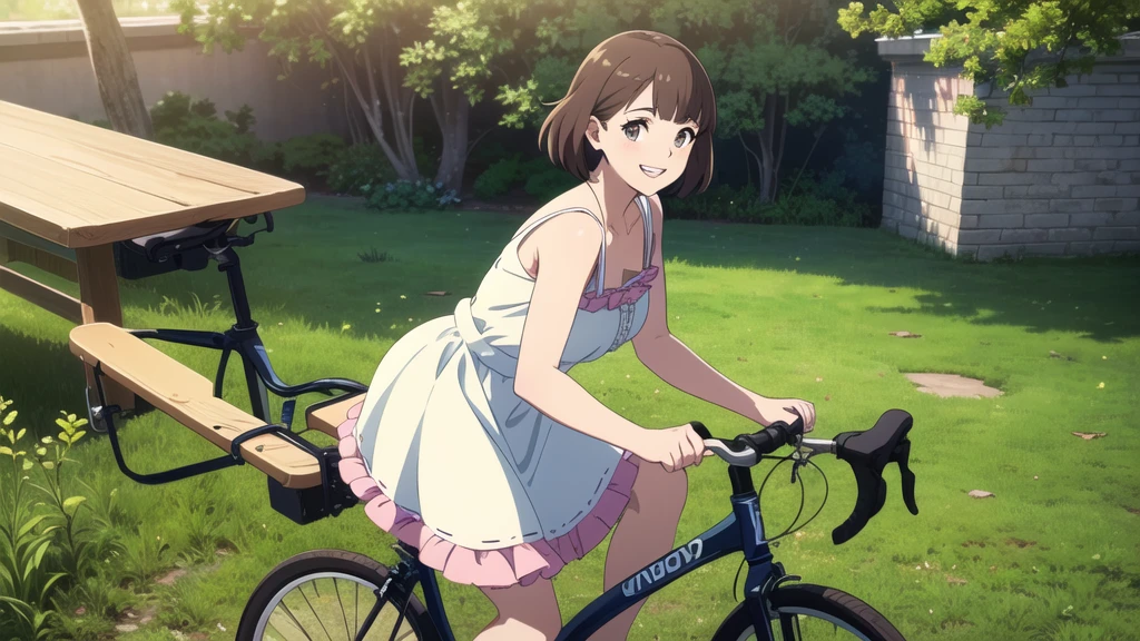 (In 8K, Ultra-high resolution, Best Quality, Masterpiece:1.2), (Realistic illustrations), (Highly Detailed CG Unity 8K Wallpaper), beautiful girl riding a bicycle, feminine dress with frills, smile, Detailed teeth, はにかんだsmile, Nostalgic vintage style animation, 80&#39;s, cassette tape