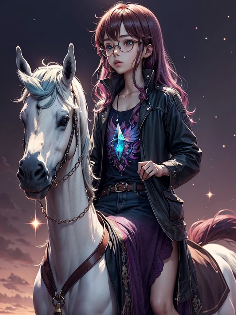 (anime Chico cabello morado) (purple round glasses color crystal) (riding pure white magical unicorn horse)

