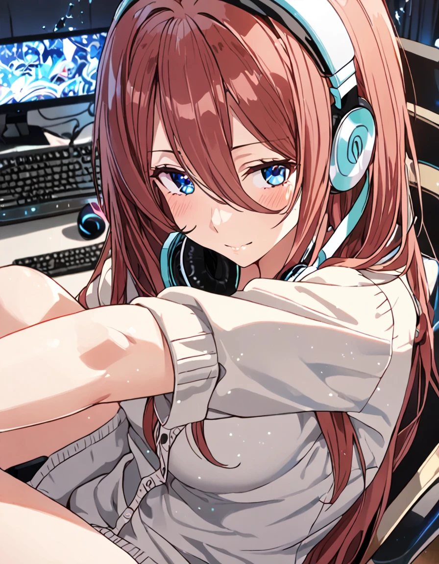 (A girl lounging in her bedroom), (a PC monitor turned on, a gaming chair), (a cluttered room), (fetal position), (perfect face), Sparkling, (masterpiece, best quality), (absurdres absolutely resolution), (8k), (detailed illustration), (super fine illustration), (professional lighting), (vivid color), detailed beatiful face, detailed beatiful eyes, detailed beatiful hair, perfect body, perfect hands, dynamic pose, dutch angle}, , looking at viewer, miku nakano, long hair, bangs, blue eyes, brown hair, shirt, hair between eyes, cardigan, headphones around neck, mature female, medium breasts