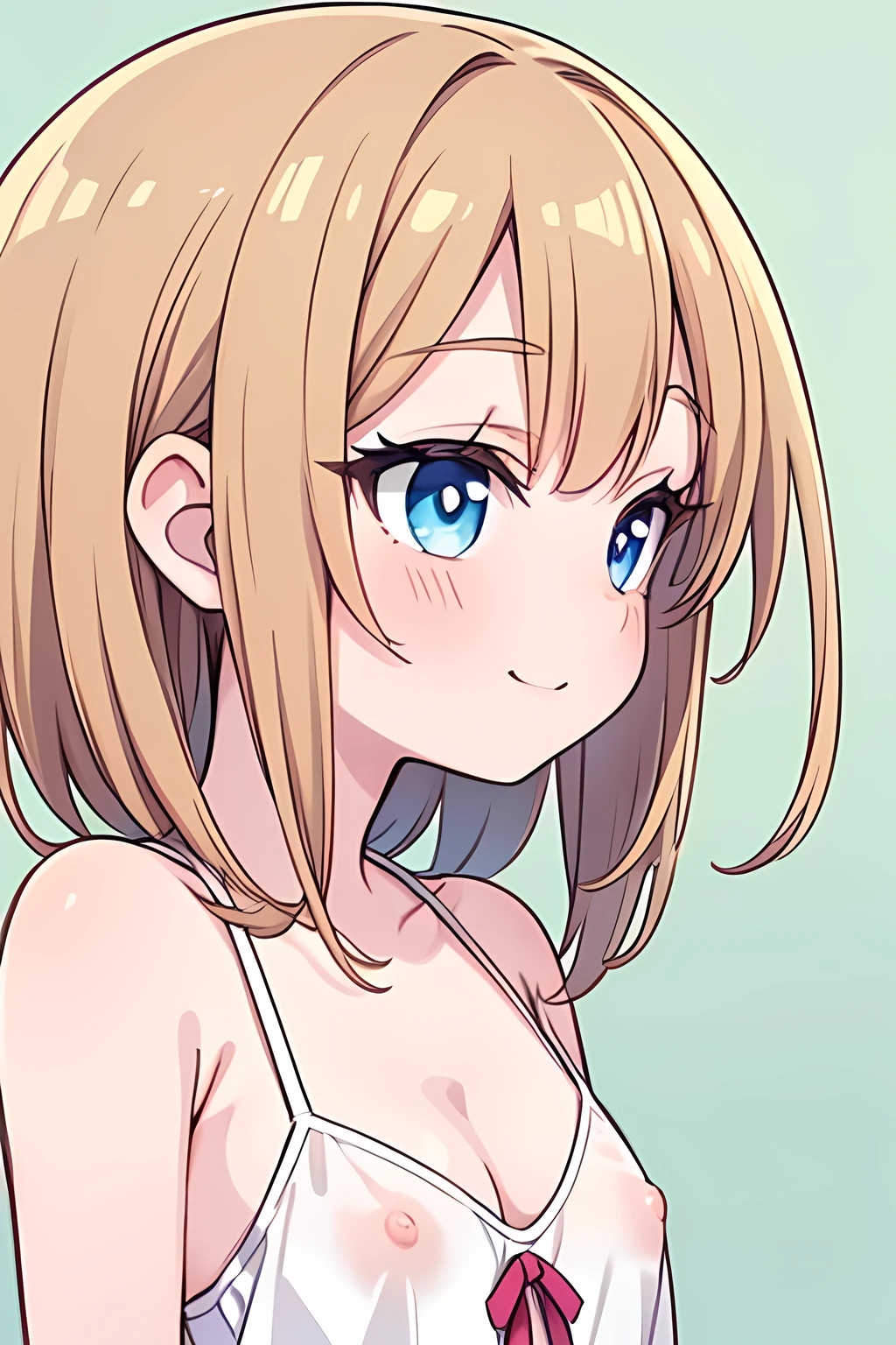 (masterpiece, face focus, profile: 1.3), (8K, digital illustration, Top Image Quality: 1.4), gravure, splendid and colorful,  kawaii petit little 1loli:1.3, (small cleavage:1.2), Super Detail cute Face, perfect pupil of the Eyes of Detail, anime style big eyes with eyelashes, Double Eyelid, Sharp Focus:1.2, Pretty infant:1.4, Top-Quality, Super A High Resolution, (anime: 1.4), Highly Detailed and professional lighting full smile, break, loose and light white camisole, shoulder out, nipples slip, natural facial expression, medium hair, fatal position, gorgeous background