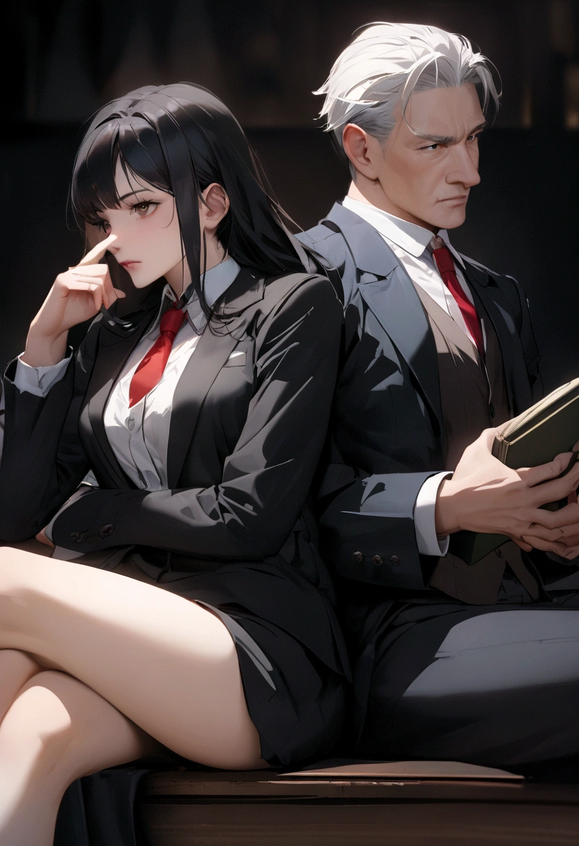 sitting with a book　Beckoning with his finger　Smart looking clothes　　Crossing your legs　lawyer　Authoritative　Men and women back to back