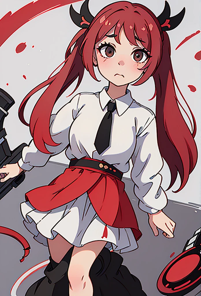 Itsuka kotori, masterpiece, best quality, very aesthetic, absurdres, newest,1girl,upper body, from below, (contempt, disgust,shaded face,looking at viewer,frown), white shirt, black tie, red skirt with black lines.