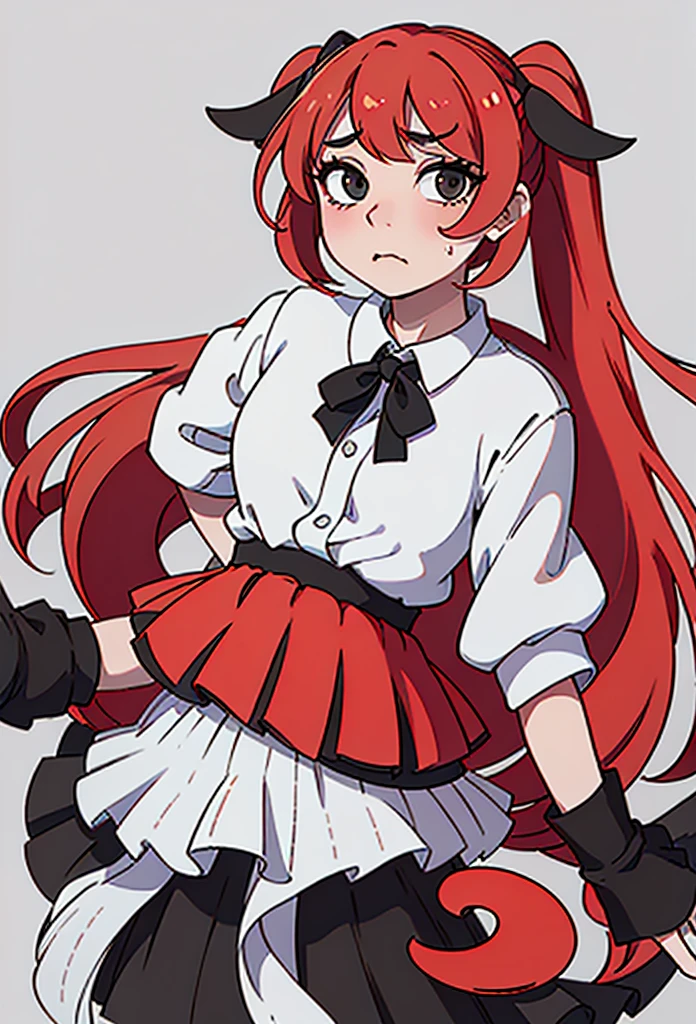 Itsuka kotori, masterpiece, best quality, very aesthetic, absurdres, newest,1girl,upper body, from below, (contempt, disgust,shaded face,looking at viewer,frown), white shirt, black tie, red skirt with black lines.