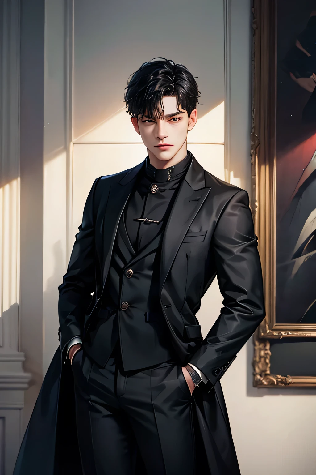 solo, 1boy, male_focus, black_hair, hand_in_pocket, pants, coat, realistic, black_coat, standing, indoors, closed_mouth, long_sleeves, short_hair, black_pants, open_clothes