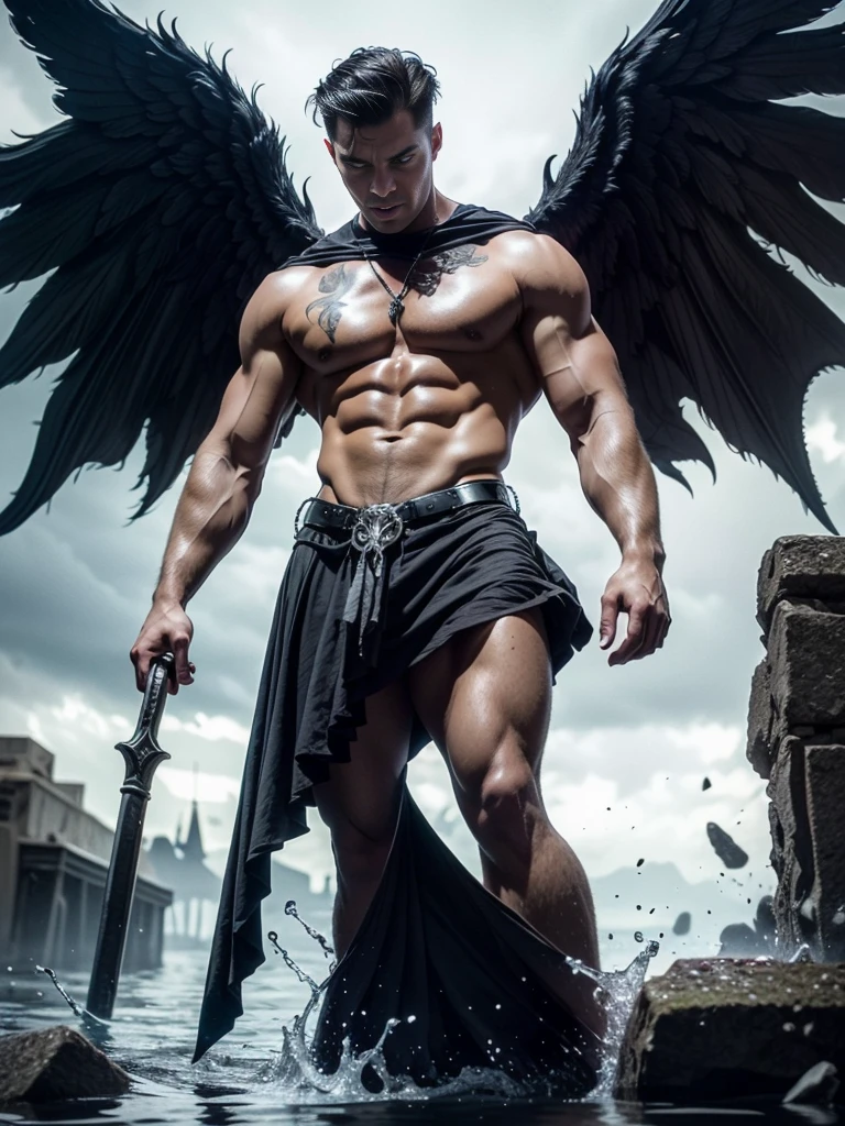 Photorealistic, ((best quality)), ((masterpiece)), (detailed), walking towards the camera, perfect face, masculine portrait , personification, (evil look), super pale skin, (massive huge majestic black angel wings:1.5), black dragon horns, 18-year-old, super male model, handsome, tall, cute looking, strong jawline, square jawline, evil look, dark look powerful, young male model, handsome mythical creature, super strong, muscular, fit, massive muscles, six pack, clean shave, light blue eyes, short dark brown wavy messy hair,short messy hair, short messy wavy hair, shirtless, barechested, muscle, ripped, strong body, fit body, ancient linen Greek small skirt, antique black linen raped cloth skirt, Dark background, 8k, high detailed, ultra-detailed, Stylish Pose, real skin texture, dark cinematic lighting, (black dark gothic cathedral ruins:1.4), ruins, fire, flooded