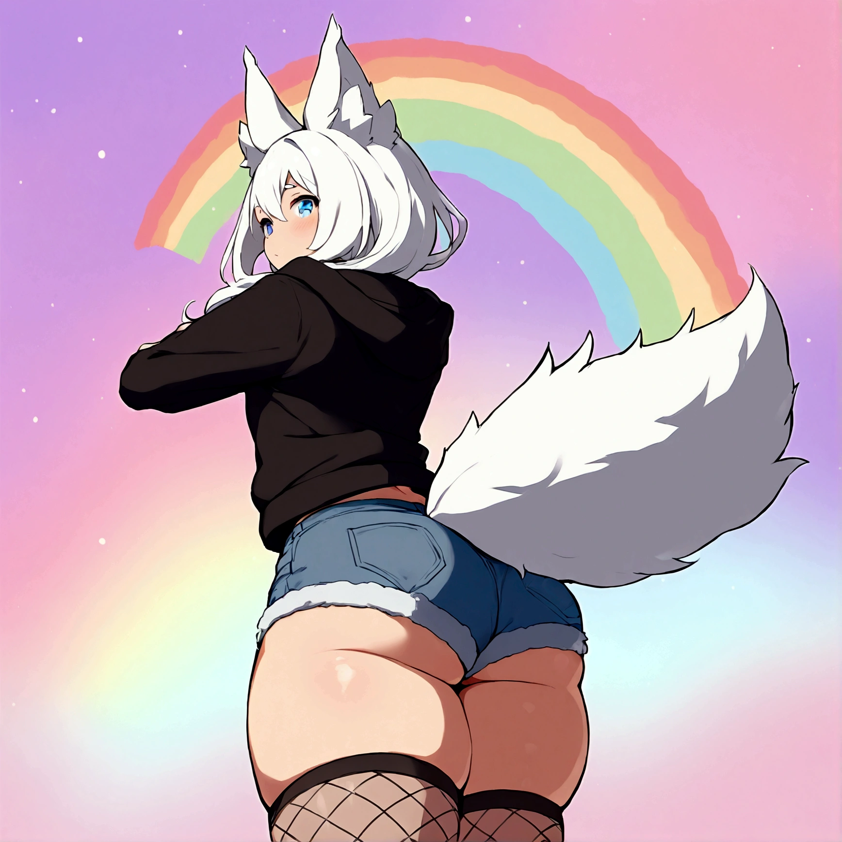 a cute adult male with wolf ears, long white hair, long locks, has a wolf tail, wearing a loose cropped oversized black hoodie, wearing a pair of denim short shorts and fishnet stockings, thick thighs, wide hips, relaxing on mound of fluffy multi colored kawaii plushies, short, very slim, showing slender tummy, stretching out, heart on hoodie, squishy thighs, has glowing blue eyes. alone, solo (ALONE)(SOLO), surrounded by rainbows, colorful galaxy backround, turned around, shot from the back, big juicy butt, has a wedgie