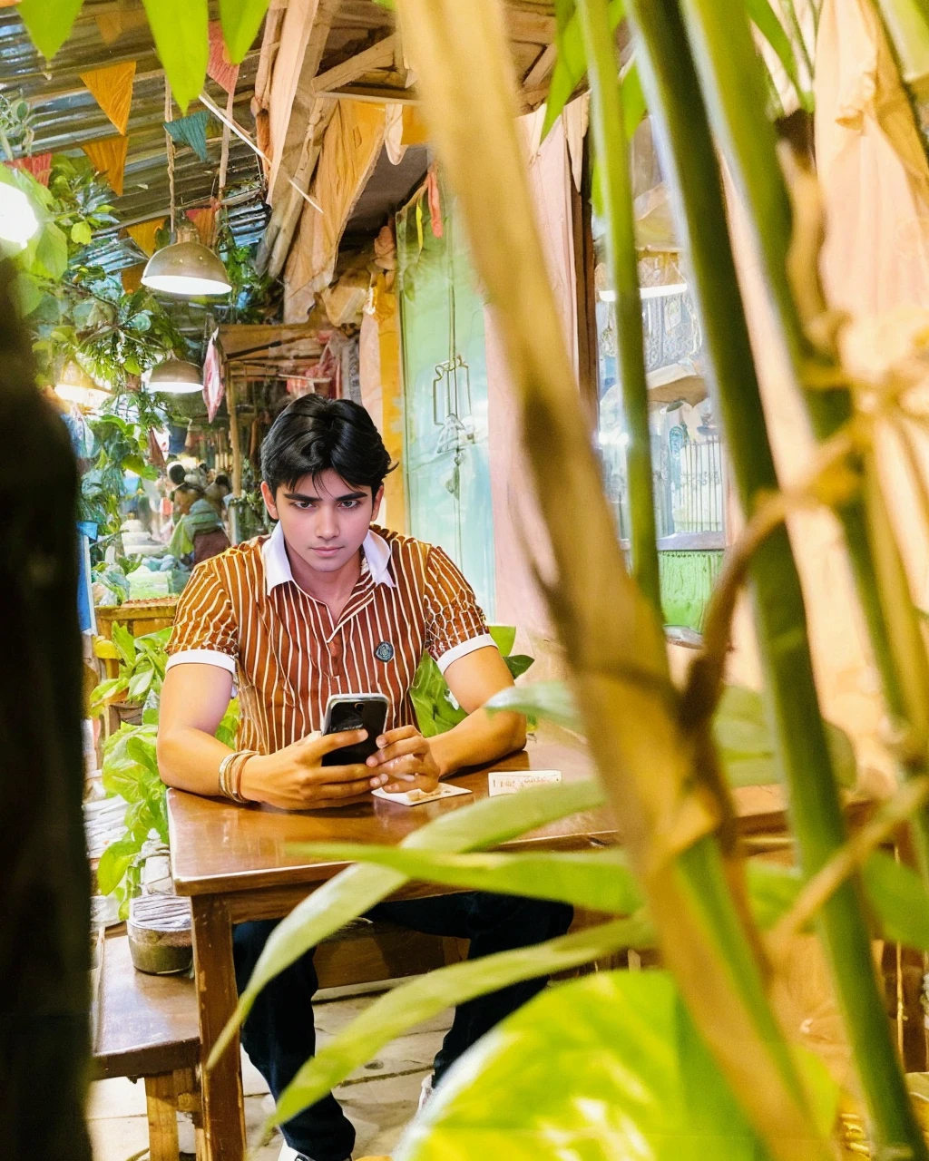 Replace the background with another background of an Indian city market in evening sky with complex details of shops and people, make it like an avatar of  boy, try that the face will look real and similar to the given image so that anyone can recognise, change the outfit in the given image to another outfit