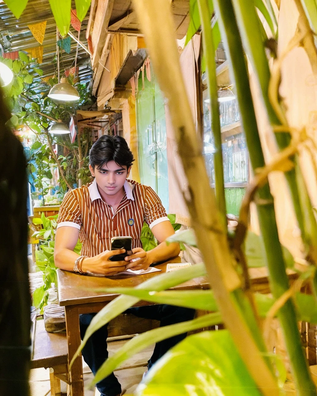 Replace the background with another background of an Indian city market in evening sky with complex details of shops and people, make it like an avatar of teen boy, try that the face will look real and similar to the given image so that anyone can recognise, change the outfit in the given image to another outfit