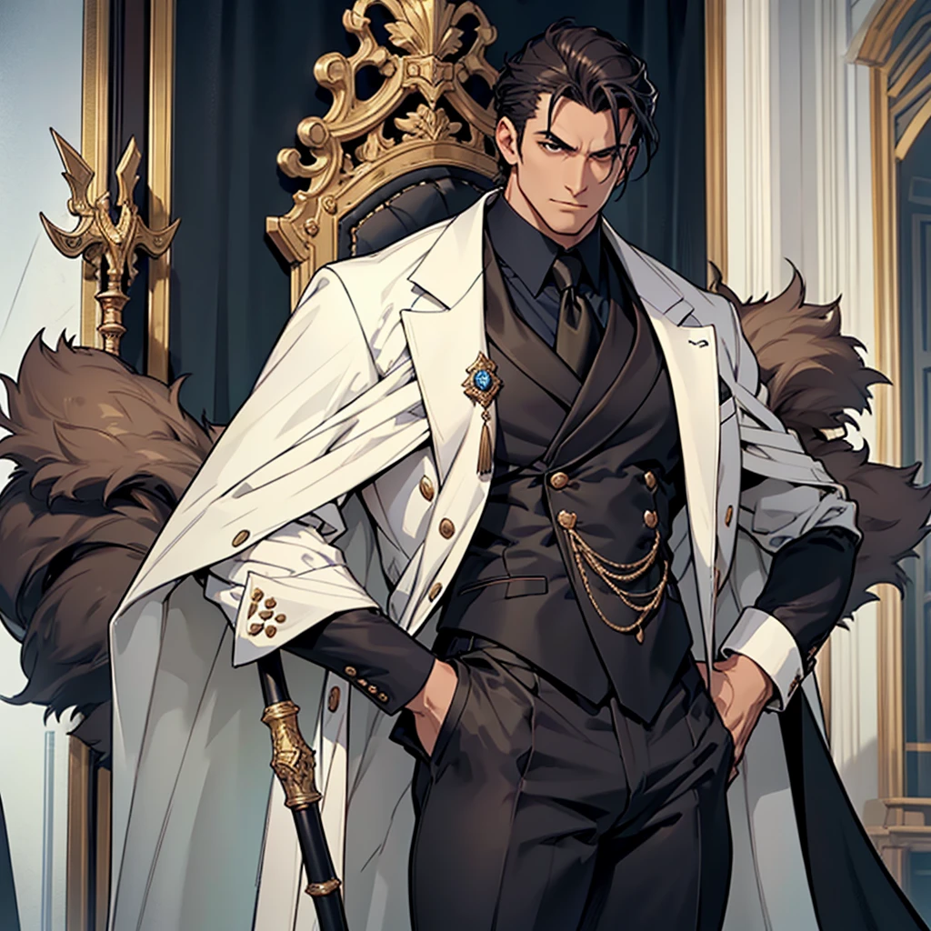 Big body, Man
1. Attire.
- The figure is wearing a white double-breasted suit with a dark tie and a vest underneath. The suit is adorned with several buttons, and the overall appearance is very sharp and formal.
- Over the suit, the figure has a large, dark fur-trimmed cape draped over the shoulders, adding a sense of grandeur and authority to the appearance.
- The figure's right arm is holding a cane or a staff, indicating a possible sense of authority or power.
2. Pose.
- The figure stands confidently with the left arm slightly bent and the hand resting on the hip, while the right arm holds the cane firmly.
- The posture is upright and commanding, suggesting confidence and control.
3. Face and Head.
- The head and face of the figure are not visible; they are shrouded in darkness or simply not drawn, which adds an element of mystery to the character.
4. Details.
- The fur trim on the cape is detailed and appears luxurious, indicating high status or wealth.
- The suit is well-fitted and meticulously designed, reinforcing the impression of a powerful and wealthy individual.
5. Body.
- Big body, a mobster Man