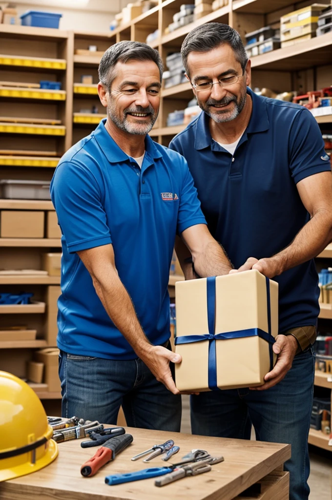 Create an image of a dad receiving a gift toolbox from his son at a hardware store