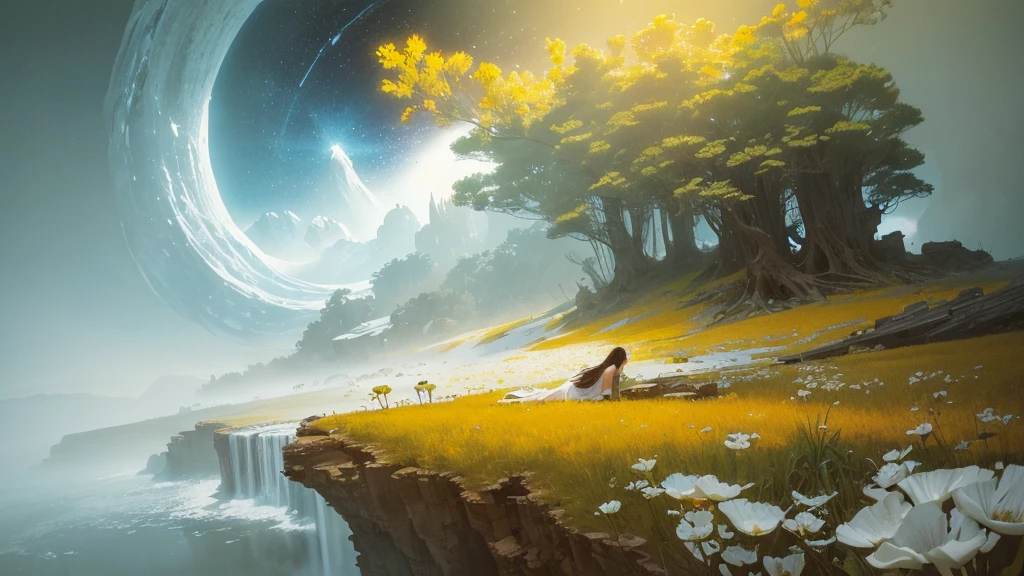 32k, Masterpiece, highest quality, One girl, Detailed eyes, flower,Sandersonia, Yellow and white style,A dreamy, romantic piece,Pale orange, Mysterious Leaves,A playful arrangement,Fantasy,High Contrast,Ink strokes,explosion,Exposure, Impression of yellow and white tones,Abstract,((Watercolours by John Berkey and Jeremy Mann )) Brush strokes,Negative Space, Tyndall effect,