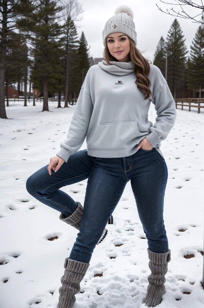 Trileg, young woman with three legs, age 22, blonde, winter hat, winter clothes, warm leggings, snow boots, outside on a snowy winter day,