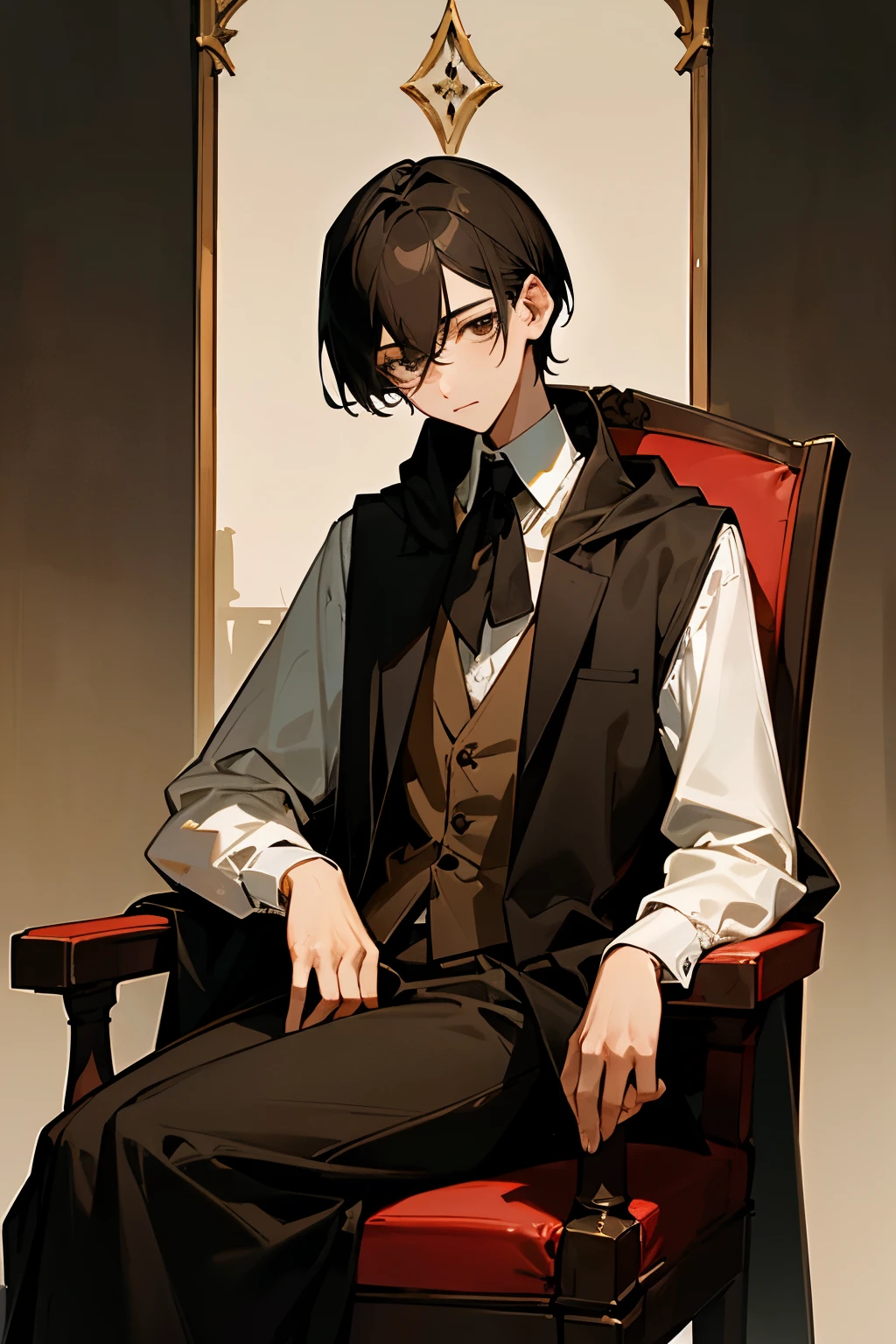 Slender, boy, 18 years old, black hair, medival style, white shirt, brown vest, black jacket and hood, masterpiece, very beautiful, sitting on a chair, clear brown eye, calm face, thinking