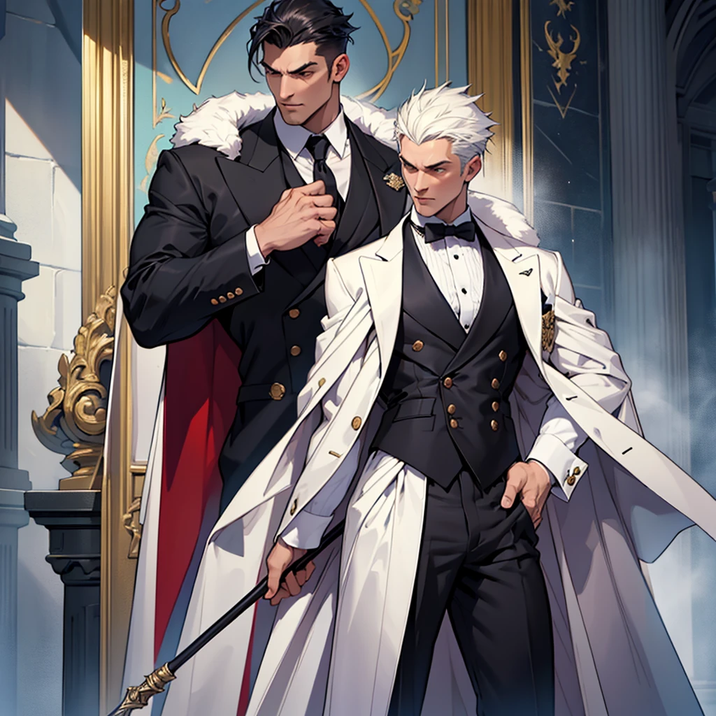butler,Middle-aged tea,Long white hair,muscle,No shirt.,Wearing a black tight skirt.,Sexy white panties