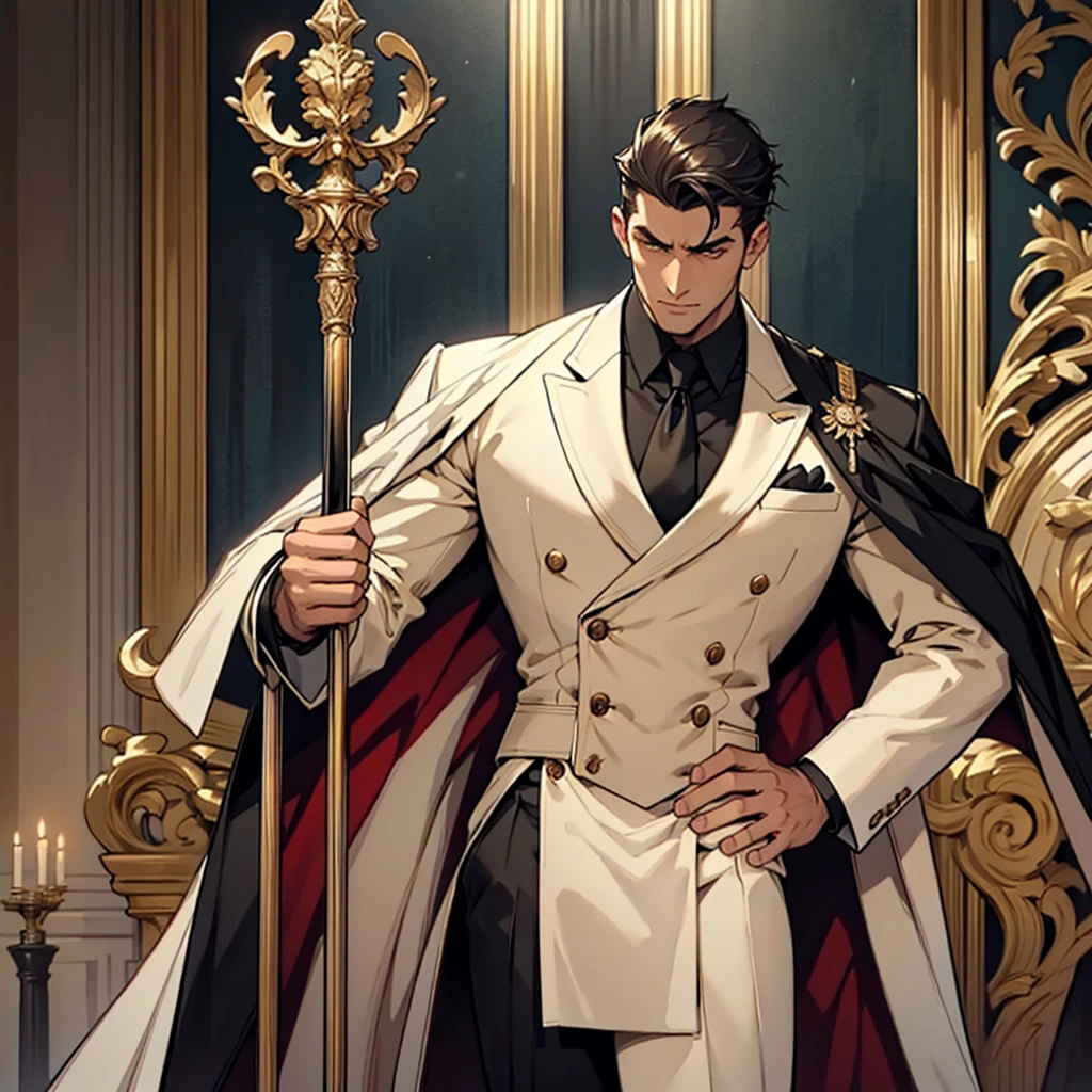 Big body, Man

1. Attire.
   - The figure is wearing a white double-breasted suit with a dark tie and a vest underneath. The suit is adorned with several buttons, and the overall appearance is very sharp and formal.
   - Over the suit, the figure has a large, dark fur-trimmed cape draped over the shoulders, adding a sense of grandeur and authority to the appearance.
   - The figure's right arm is holding a cane or a staff, indicating a possible sense of authority or power.

2. Pose.
   - The figure stands confidently with the left arm slightly bent and the hand resting on the hip, while the right arm holds the cane firmly.
   - The posture is upright and commanding, suggesting confidence and control.

3. Face and Head.
   - The head and face of the figure are not visible; they are shrouded in darkness or simply not drawn, which adds an element of mystery to the character.

4. Details.
   - The fur trim on the cape is detailed and appears luxurious, indicating high status or wealth.
   - The suit is well-fitted and meticulously designed, reinforcing the impression of a powerful and wealthy individual.

5. Body.
   - Big body, a mobster Man