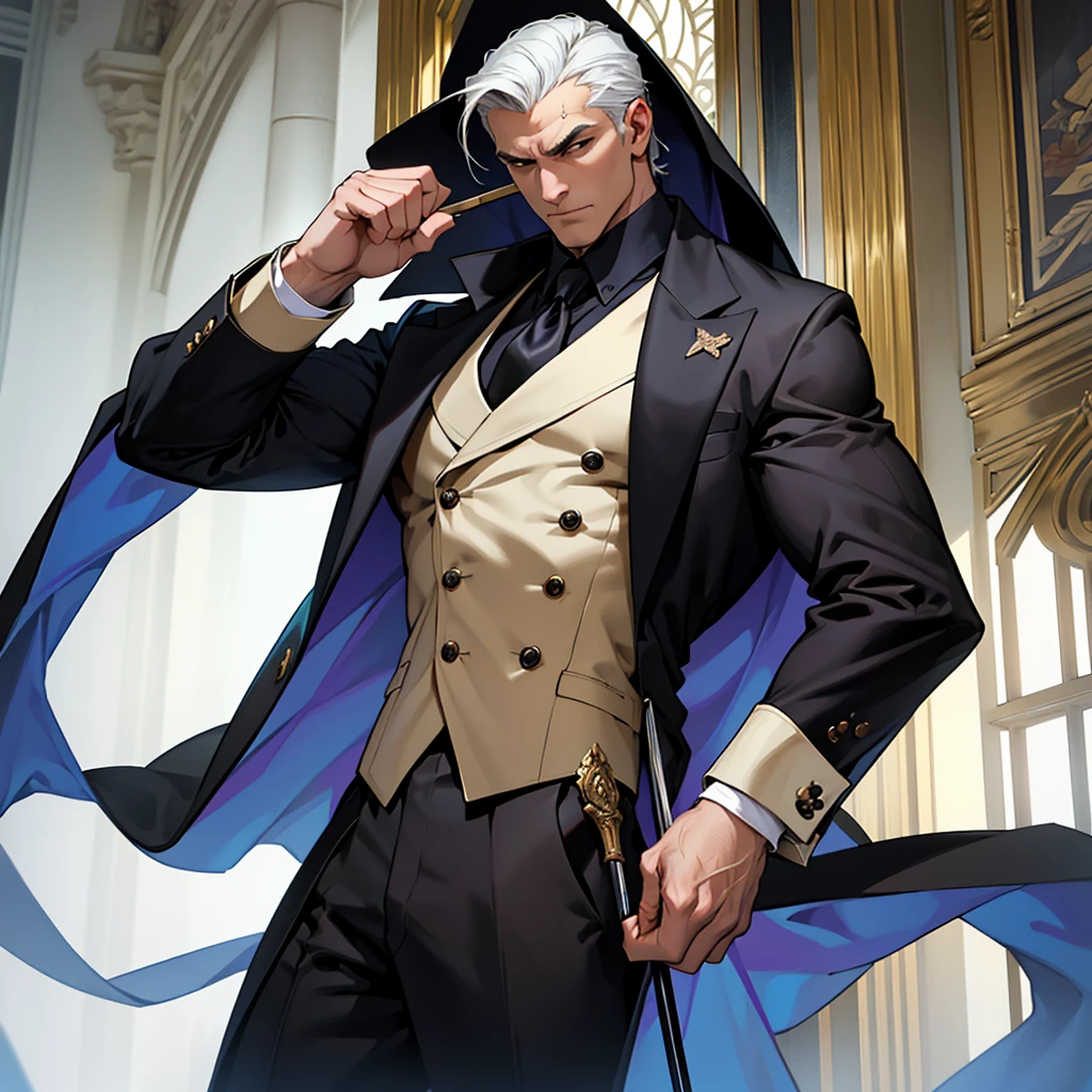 Big body, Man
1. Attire.
- The figure is wearing a white double-breasted suit with a dark tie and a vest underneath. The suit is adorned with several buttons, and the overall appearance is very sharp and formal.
- Over the suit, the figure has a large, dark fur-trimmed cape draped over the shoulders, adding a sense of grandeur and authority to the appearance.
- The figure's right arm is holding a cane or a staff, indicating a possible sense of authority or power.
2. Pose.
- The figure stands confidently with the left arm slightly bent and the hand resting on the hip, while the right arm holds the cane firmly.
- The posture is upright and commanding, suggesting confidence and control.
3. Face and Head.
- The head and face of the figure are not visible; they are shrouded in darkness or simply not drawn, which adds an element of mystery to the character.
4. Details.
- The fur trim on the cape is detailed and appears luxurious, indicating high status or wealth.
- The suit is well-fitted and meticulously designed, reinforcing the impression of a powerful and wealthy individual.
5. Body.
- Big body, a mobster Man