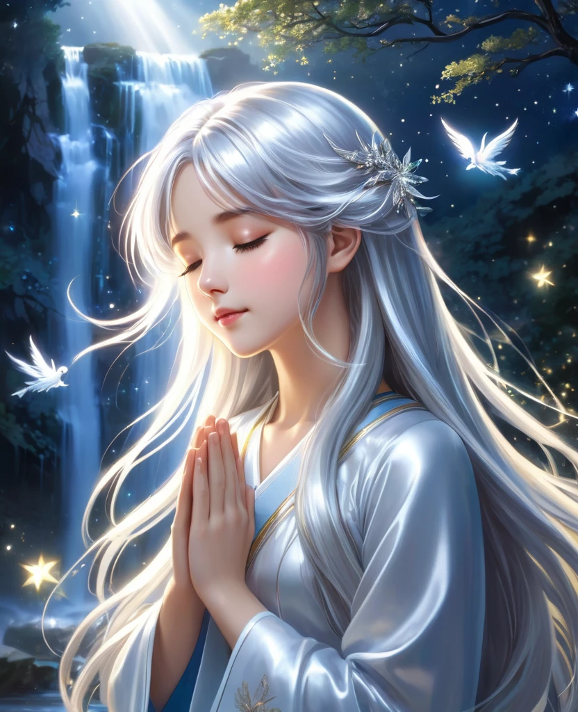 This scene depicts an anime/illustration girl with shiny and wonderful silver hair. The girl's long hair is silver.
The girl is wearing a hagoromo.
Girls are divine beings like angels (the silver-haired angel) and goddesses (the silver-haired goddess).
The place where the girl lives is a pure waterfall where stars shine.
The sacred silver light falling from the night sky illuminates the girl's profile, illuminating her elegant features and delicate hair, creating a tranquil atmosphere. A beautiful girl is depicted with long, shiny hair flowing in a noble and enchanting way that reflects the light. To pray to God, the girl closes her eyes and silently joins her hands in prayer. The girl's expression shows her desire for peace and harmony.