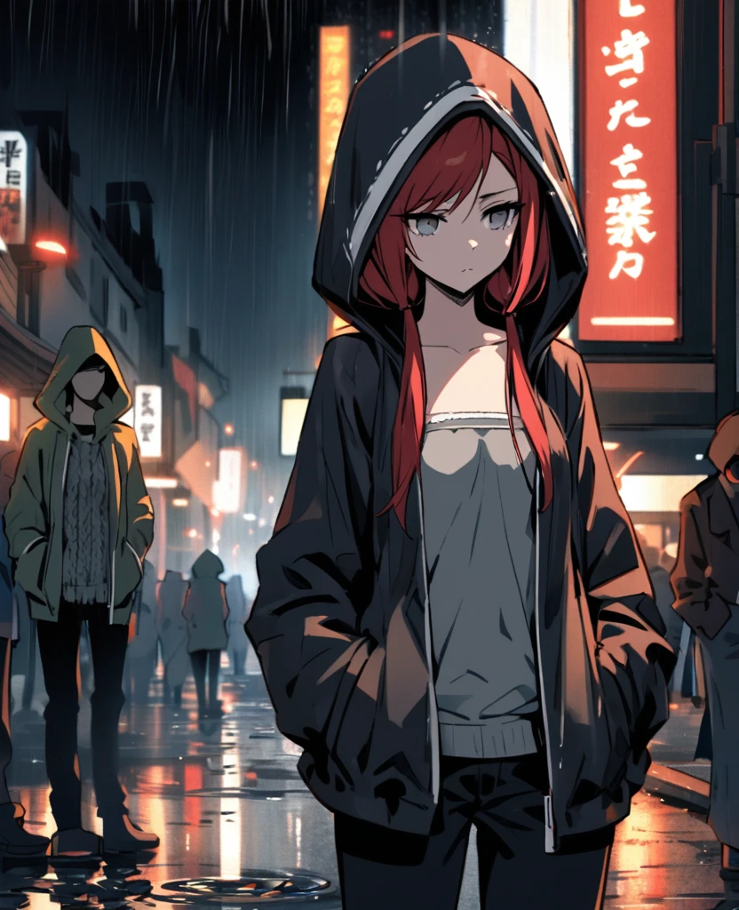 【Highest Quality, masutepiece】 [young woman, expressioness,deep gray eyes, front facing,swept bangs, red hair,low twin tails,grat knit cloth, strapless gray top with white trim,  black jeans, knitted open hoodie, hood up, stoic, hands in pockets, Upper body] (Gloomy background:1.2),small breasts ,street at night, rain, puddles, people in background, 