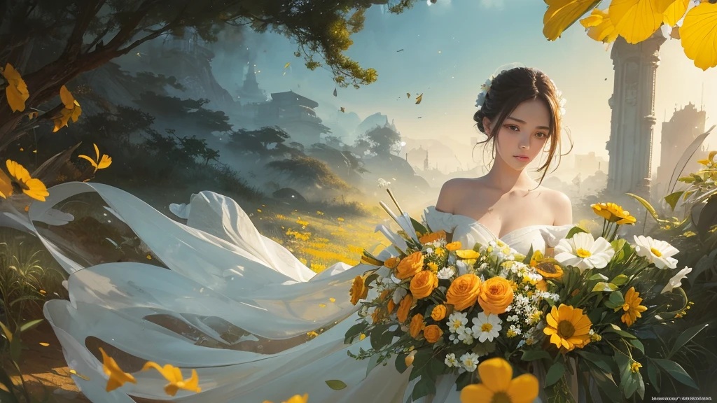 32k, Masterpiece, highest quality, One girl, Detailed eyes, flower,Sandersonia, Yellow and white style,A dreamy, romantic piece,Pale orange, Mysterious Leaves,A playful arrangement,Fantasy,High Contrast,Ink strokes,explosion,Exposure, Impression of yellow and white tones,Abstract,((Watercolours by John Berkey and Jeremy Mann )) Brush strokes,Negative Space, Tyndall effect,