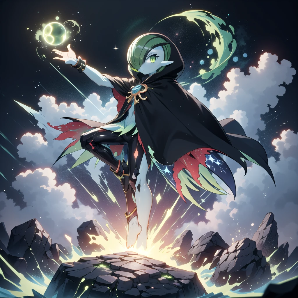 AcidMagic , fantasy , cosmic aura,
best quality, (Masterpiece) ,  simple background , full body , dynamic pose,
(cosmic black hair), (cosmic blue skin) , ((solo)), ((black cloak)), hair over one eye, multicolored skin, pokemon \(creature\), green eyes, short hair, two-tone skin, (black cosmic skin) , cloudy sky, wide shot, glowing eyes, floating object, rocks, gardevoir ,