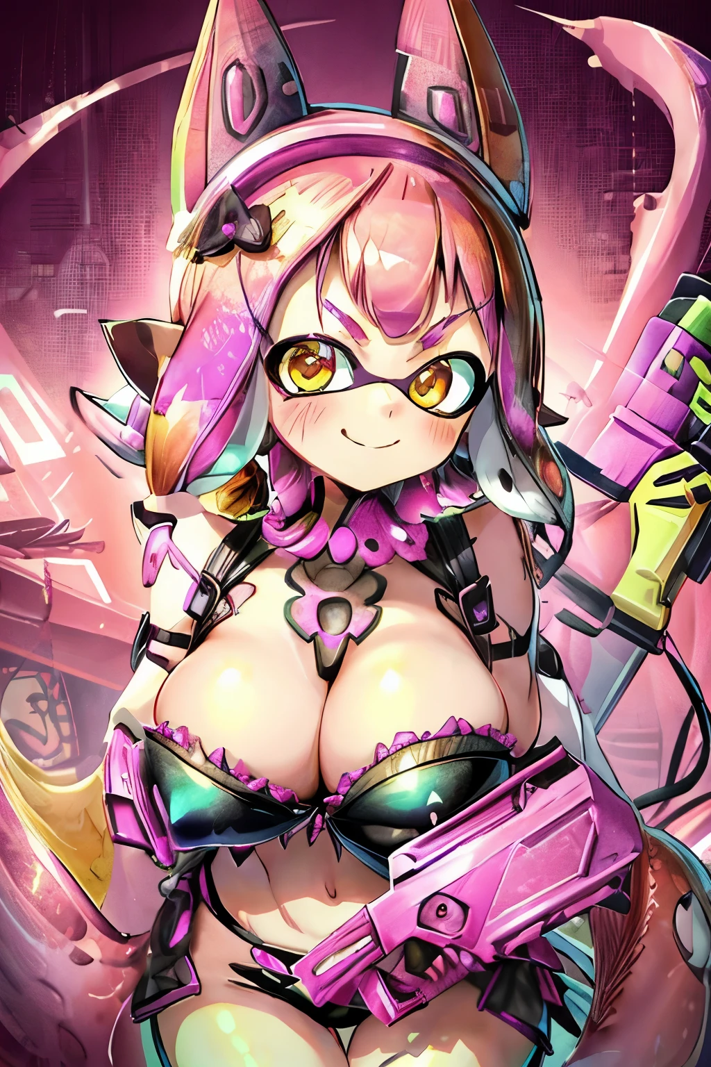 masterpiece、highest quality、High resolution、Real Anime、Fusion of 3D Splatoon girl and neon chainsaw killer Carmilla, urtla beautifu splatoon girl、Golden Eyes、Pink metallic tentacle hair、pastel-neon-color, Crazy Smile, Idol Show、gigantic breast、Cleavage、blush、Toothy smile、