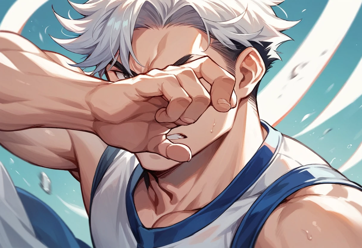 man in action pose with short white hair, has white sportswear, ((in his hands he has daggers)), close up