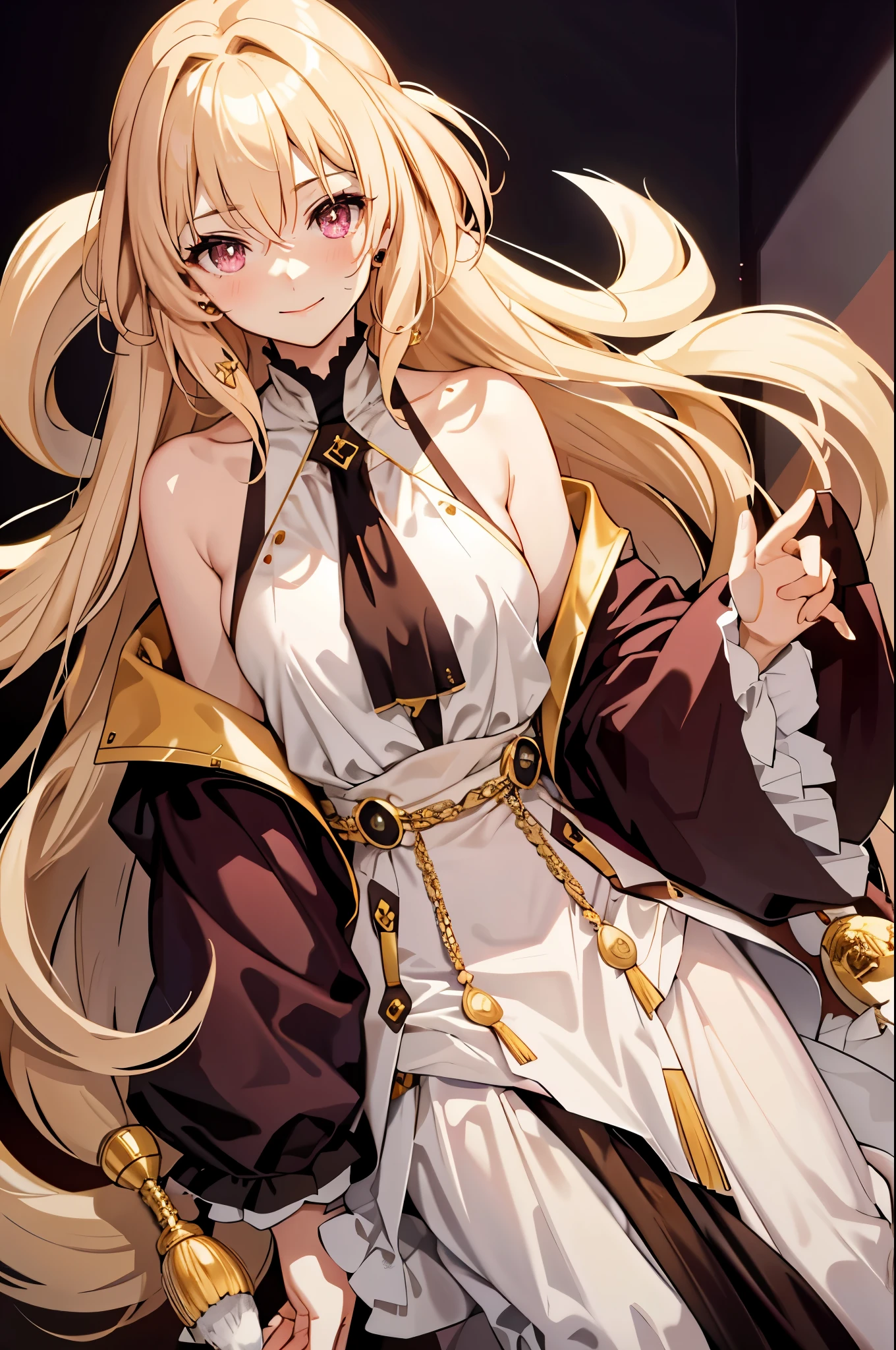 solo, light almond hair, long hair, dark pink eyes, sweet smile, subtle blush, large chest