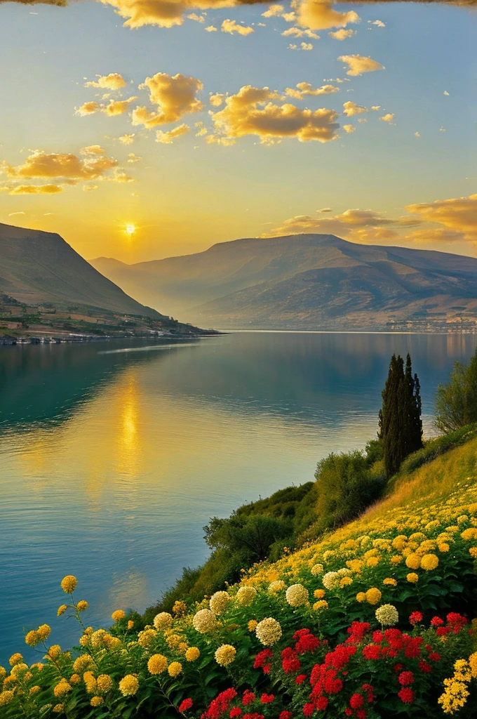 Create an inspirational image that embodies the teachings of Jesus Christ, emphasizing love, compassion, hope, and faith. Jesus should be the central figure, with a serene and welcoming expression, possibly extending his hand in a gesture of blessing or teaching a crowd. The background should feature a natural landscape that symbolizes divine creation, including options like mountains, rivers, flower fields, or the Sea of Galilee. Integrate symbolic elements such as a cross, the Bible, bread and fish (to represent the multiplication of loaves), or a heart symbolizing love. The color palette should consist of soft, earthy tones such as white, beige, light blue, green, and gold to convey peace and spirituality. Use light effectively to highlight Jesus or significant elements, creating a sense of divinity and enlightenment. Choose from realism for a detailed depiction, impressionism for a focus on light and color, or modern art for an abstract or symbolic interpretation.