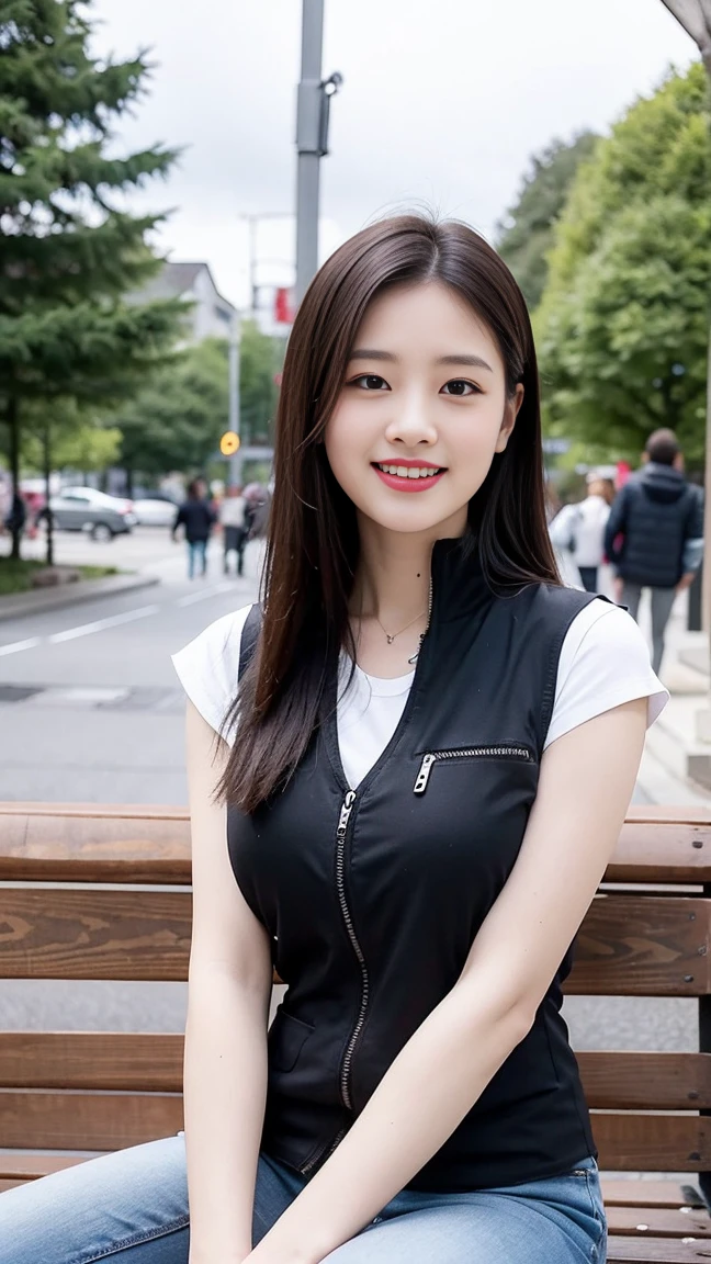 最high quality, 8K, masseter area, energetic, Clear focus, high quality, high resolution, Delicate face, Fine particles, red lips, (Observe the audience), Solitary, Beautiful woman, 38 years old, （Long black hair:1.3)、（Bob Hairstyle）、（Standard body shape）、（D cup breasts）、 cleveage, , afternoon、（Germany、Berlin、square in front of church:1.5）,(Sitting on a bench:1.5)、（(Tight white vest:1.6)）、（Blue Jeans:1.6）、（Black high heels:1.5）、（Smile:1.3）、