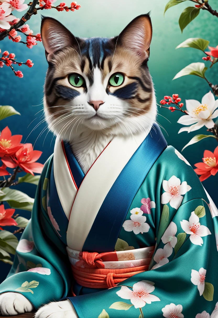 Noble cat,Japanese Style、Japanese style、kimono、Photorealistic,Anthropomorphic cat,Role Settings,Ultra High Definition Graphics,Delicate face,8k,Magazine Cover,Floral background decoration,Strong color contrast,deep color,Blue green white tones