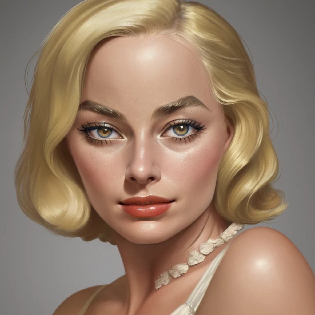 1930s American blonde woman, Looks like Margot Robbie, realistic expression, portrait