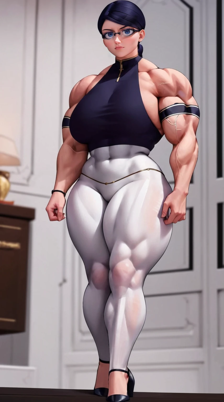 a big muscular female bodybuilder, extremely detailed muscular female bodybuilder, highly detailed bodybuilder, detailed athletic female bodybuilder, hyper realistic bodybuilder, photorealistic muscular female bodybuilder, ultra detailed bodybuilder, hyper detailed female bodybuilder, realistic bodybuilder, (best quality,8k,highres,masterpiece:1.2),ultra-detailed,(realistic,photorealistic,photo-realistic:1.37),dramatic lighting,vivid colors,heroic pose,powerful expression,athletic,ripped muscles,lean physique,defined abs,veiny muscular arms,muscular thighs,muscular legs,fitness,bodybuilding,strong,powerful,fierce,determined,dramatic,epic,inspiringCreate a detailed illustration of Natalie Sancoeur from 'Miraculous Ladybug.' She is depicted in her usual professional attire, with a stern and composed expression. The background should be set in the Agreste mansion, showcasing elements like elegant furniture and a grand staircase, reflecting the opulent setting. Emphasize her poised and meticulous nature, highlighting her distinctive glasses and neatly tied hair. The overall mood should be serious and sophisticated, capturing her role as a competent and loyal assistant.