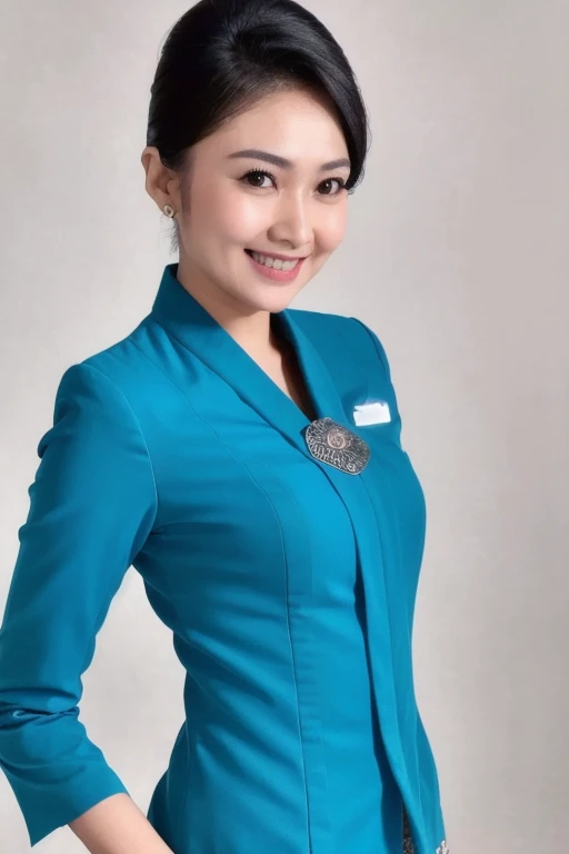 photo of a woman wearing garudaindonesia uniform, solo focus, posing for a photo, (detailed face), simple white background, hand on hips  