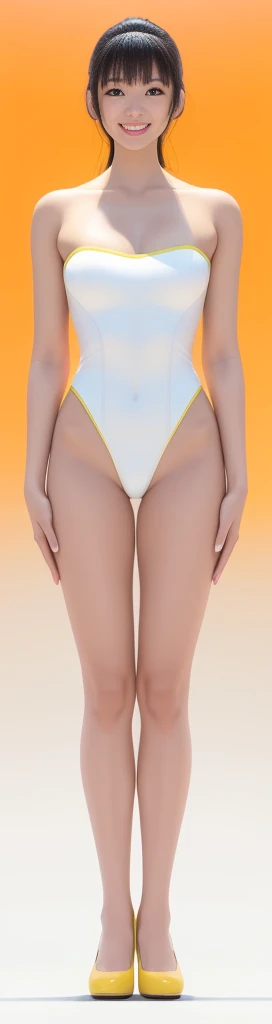 On a white background，A tall and beautiful Chinese girl，with fair skin，Toothy smile，A big smile，When you laugh, Your eyes are crescent-shaped，blunt bangs, long straight hair，Wear a one-piece swimsuit and pumps，Swimsuits are decorated with joyful patterns, Stand up straight，Stand upright，hands on sides，Symmetrical distribution，Ray tracing，All shaded areas，No windows, Soft lighting, Warm light, flood light, n, Studio light, 1.4x Realistic Ultra HD