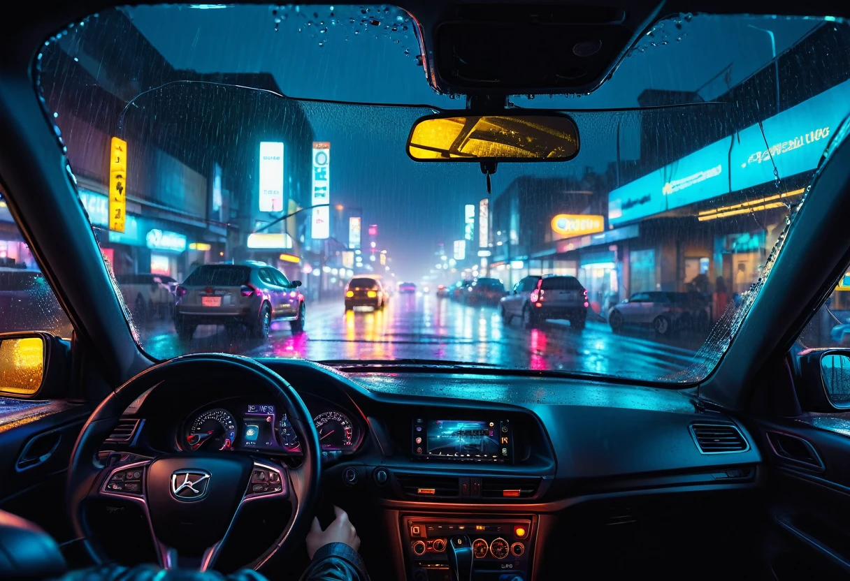 a night in the rain on busy highway, (view from the driver's seat:2.0), car taillights, car back view, cinematic, moody lighting, dramatic atmosphere, neon lights, dystopian, neon city, cyberpunk, realistic, photorealistic, 8k, hyper detailed, masterpiece, studio lighting, cinematic composition, dramatic color palette, cinematic depth of field, volumetric fog, rainy windshield, glowing headlights, long exposure, beautiful detailed eyes, beautiful detailed lips, extremely detailed eyes and face, long eyelashes system cancel
