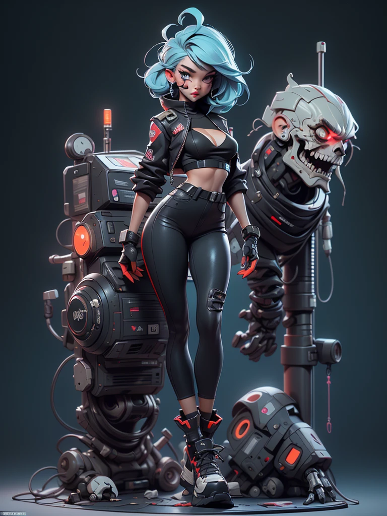 (((full body concept art))), ((Best Quality, best resolution, award-winning portrait, official art)), ((perfect Masterpiece)). Young beautiful girl, (detailed: 1.4), (Absurd), mature woman, beautiful face, perfect body, bare thighs,cyberpunk girl with goth and post apocalyptic colors. She has ((short braided light blue hair)), wears a (Harajuku-inspired cyberpunk tech-wear top) and a (Harajuku-inspired cyberpunk tech-wear bottom:1.2) , jacket, ((the most beautiful and sexy aesthetic)), sexy, cleavage showing, hot, sexy, seductive, slutty, cybernetic arm, tech suit,black jeans that fit her body and a skin tight black T-shirt, black rubber tights, stylish, glowing trims,digital art, black robot joints, very stylish, award-winning product design,