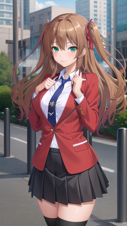 ((masterpiece)),(best quality),official art,extremely delicate and beautiful,extremely detailed CG,unity 8k wallpaper,ultra detailed,beautiful detailed eyes,extremely detailed face,outdoors,1girl,solo,cowboy shot,looking at viewer,facing viewer,smile,Tomizawa Erisu,long hair,brown hair,twintails,two side up,hair ribbon,red ribbon,sidelocks,hair between eyes,bangs,green eyes,,red jacket,blazer,buttons,blue necktie,collared shirt,white shirt,large breasts,long sleeves,miniskirt,black skirt,pleated skirt,zettai ryouiki,black thighhighs,loafers,brown footwear,