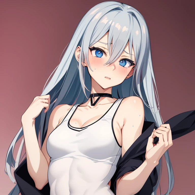 Do a anime girl with long wavy hair, soft and silky, dark blue-gray color, with a strand pulled to the side in the middle on each side of the head. Her hair has bright and radiant blue highlights, beautiful and eye-catching, cute hair style and cute bangs with a few strands over her face. She has soft albino skin, soft lips with a minimal purple color. Completely black eyes and sclera, with bright blue pupils, Doe-eyes style eyes. Visible bluish-purple dark circles below the eyes, a slightly purple and bluish tone in the nose area, making it look adorable. Delicate and sensitive body, perfectly curved waist. Small, no body hair. She has little fangs.

Wear: She wears a long, comfortable black sweatshirt with sleeves long enough to cover her hands, two thin white bows on each sleeve of the sweatshirt. Wear comfortable, loose-fitting black cargo pants.

Height: 1,47.