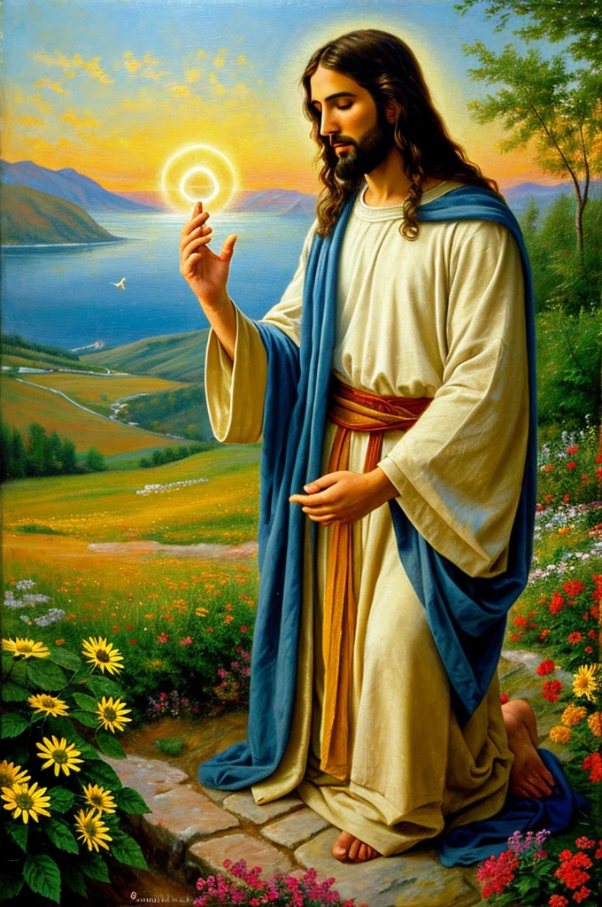 Create an image that represents the words and teachings of Jesus Christ, conveying the message of love, compassion, hope, and faith present in his teachings. The image should be inspirational and evoke a feeling of peace and spirituality.
Possible visual elements:
Jesus: He can be depicted as a central figure, with a serene and welcoming look, extending his hand in a gesture of blessing or teaching a crowd.
Scenery: It can include natural landscapes that symbolize divine creation, such as mountains, rivers, flower fields, or the Sea of Galilee.
Symbolic elements: They can be incorporated into the image, such as the cross, the Bible, bread and fish (representing the multiplication of the loaves), or a heart (symbolizing love).
Colors: The color palette can include soft, earthy tones, such as white, beige, light blue, green, and gold, which convey peace, hope, and spirituality.
Light: Light can be used to highlight the figure of Jesus or other important elements of the image, creating a sense of divinity and enlightenment.
Artistic styles:
Realism: A faithful and detailed representation of Jesus and the elements of the image.
Impressionism: A freer and more expressive approach, with a focus on light and colors.
Modern art: An abstract or symbolic interpretation of Jesus' teachings.