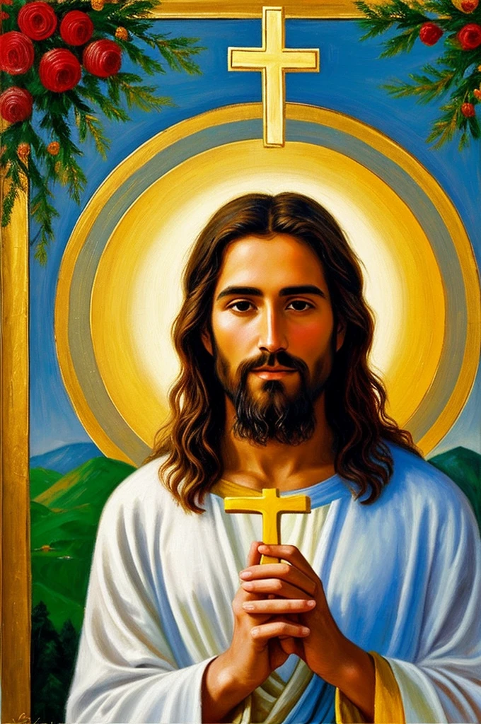 Create an image that represents the words and teachings of Jesus Christ, conveying the message of love, compassion, hope, and faith present in his teachings. The image should be inspirational and evoke a feeling of peace and spirituality.
Possible visual elements:
Jesus: He can be depicted as a central figure, with a serene and welcoming look, extending his hand in a gesture of blessing or teaching a crowd.
Scenery: It can include natural landscapes that symbolize divine creation, such as mountains, rivers, flower fields, or the Sea of Galilee.
Symbolic elements: They can be incorporated into the image, such as the cross, the Bible, bread and fish (representing the multiplication of the loaves), or a heart (symbolizing love).
Colors: The color palette can include soft, earthy tones, such as white, beige, light blue, green, and gold, which convey peace, hope, and spirituality.
Light: Light can be used to highlight the figure of Jesus or other important elements of the image, creating a sense of divinity and enlightenment.
Artistic styles:
Realism: A faithful and detailed representation of Jesus and the elements of the image.
Impressionism: A freer and more expressive approach, with a focus on light and colors.
Modern art: An abstract or symbolic interpretation of Jesus' teachings.