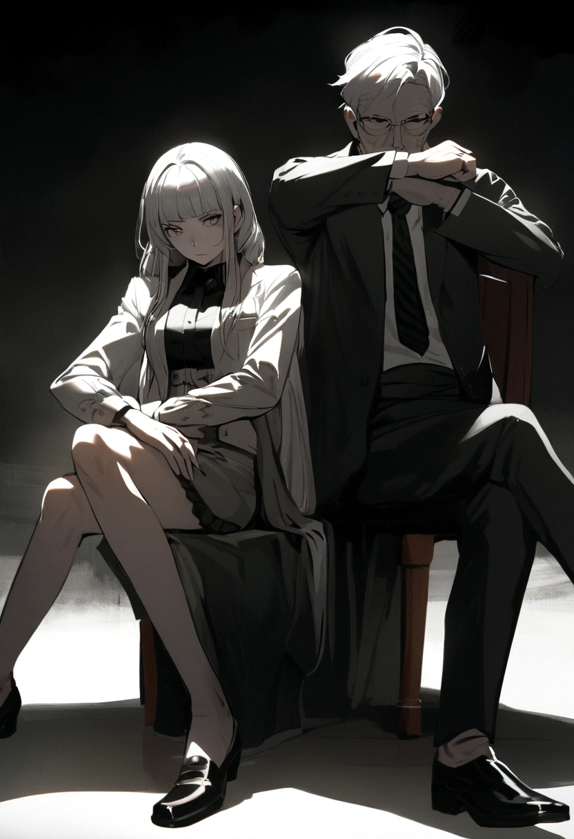Book deep々and sitting Smart looking clothes Crossing your legs Logician Authoritative Men and women back to back